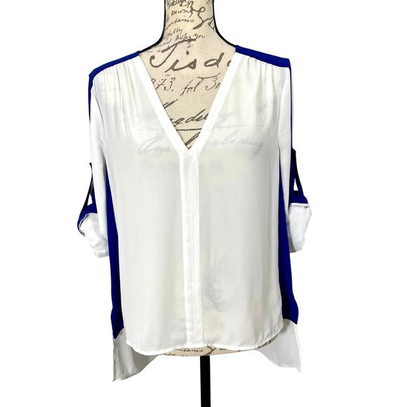 BCBGMAXAZRIA Alaine Top Blue White Stripe Roll-Tab Tunic Blouse Small - Picture 1 of 9